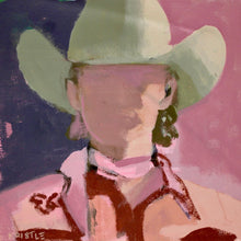 Load image into Gallery viewer, An expressive painting of a cowgirl portrait with a pale green hat, pink and mauve background, and warm red-brown and pink clothing. The artist's signature Kristle is visible in the lower-left corner.